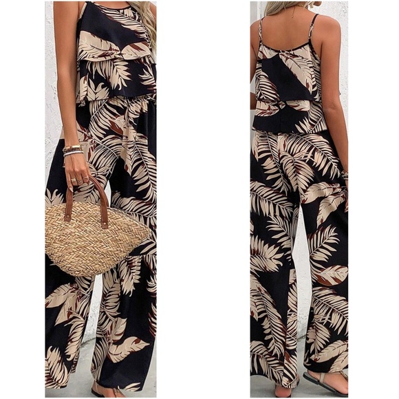 Boho Tropical plants Print Ruffle Cami Top Pants Set - Picture 3 of 8